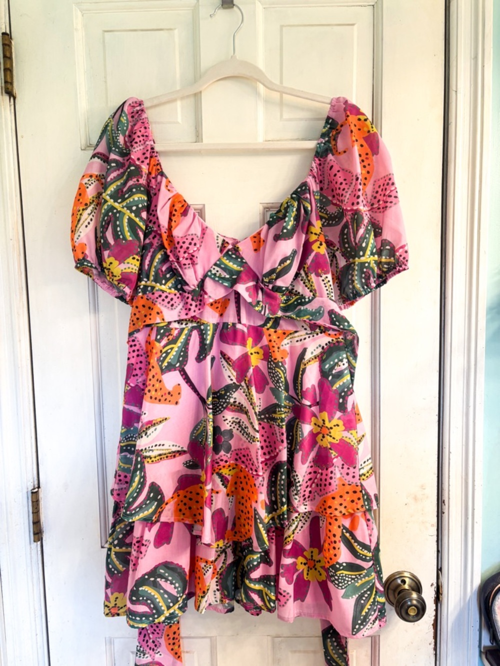 Pink Tropical Floral Mini Dress with Puff Sleeves - XL